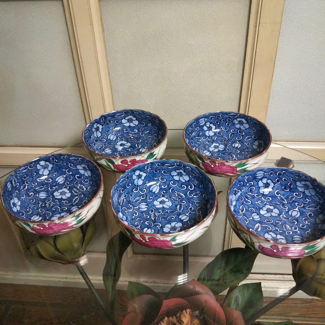 【美品】清水焼☆秀峰☆青い花柄の陶器ボウル5個セット