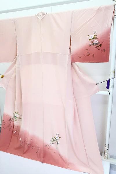 未使用品 訪問着 縮緬地 薄ピンク 手描き友禅 枝花 身丈166cm