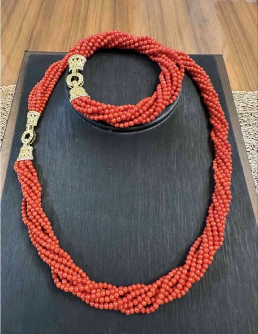K-771-1 赤珊瑚　サンゴ　ネックレス　ブレスレット　2点セット