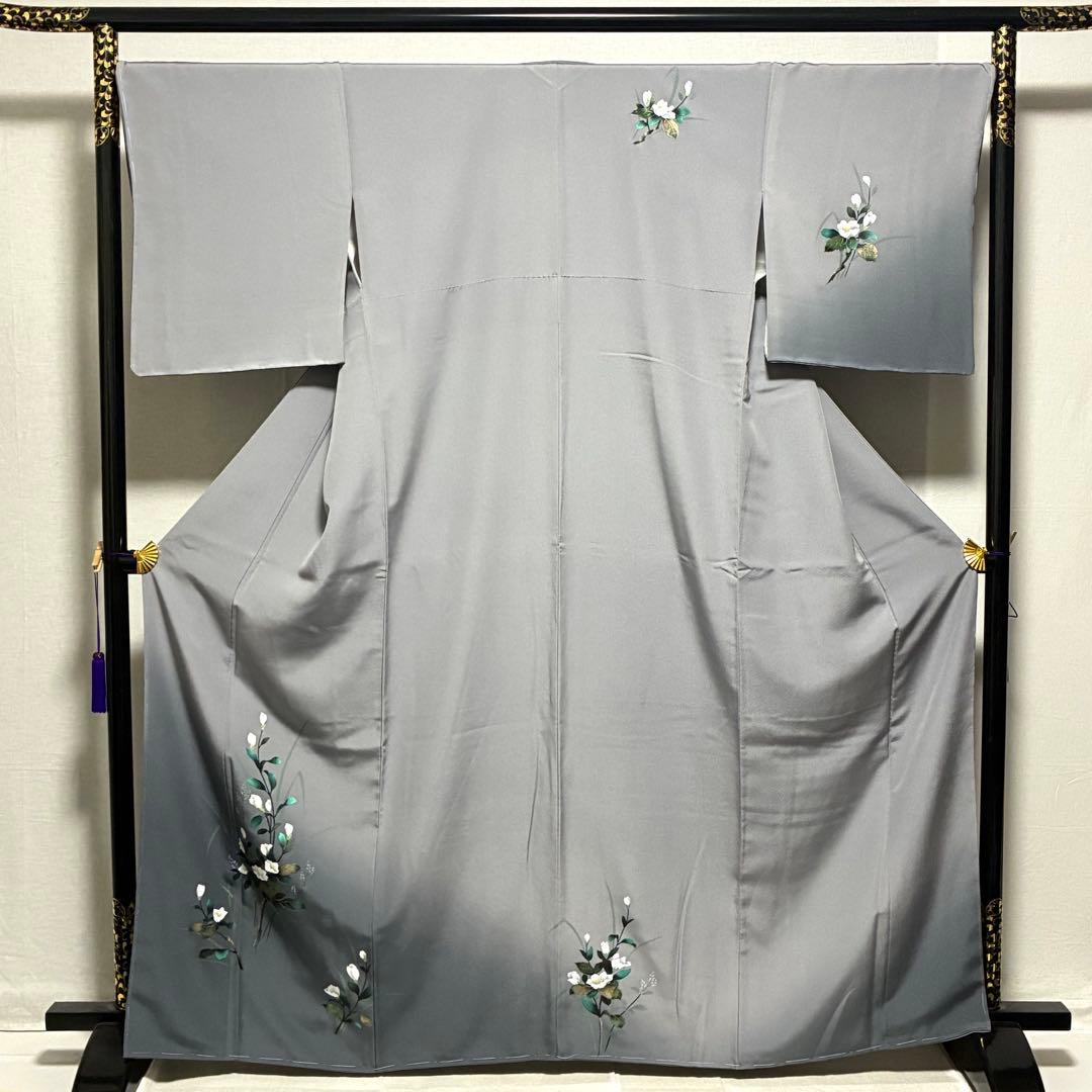 D73 訪問着 花模様 グレー 丹後縮緬 正絹着物 袷 しつけ糸付き未使用極美品