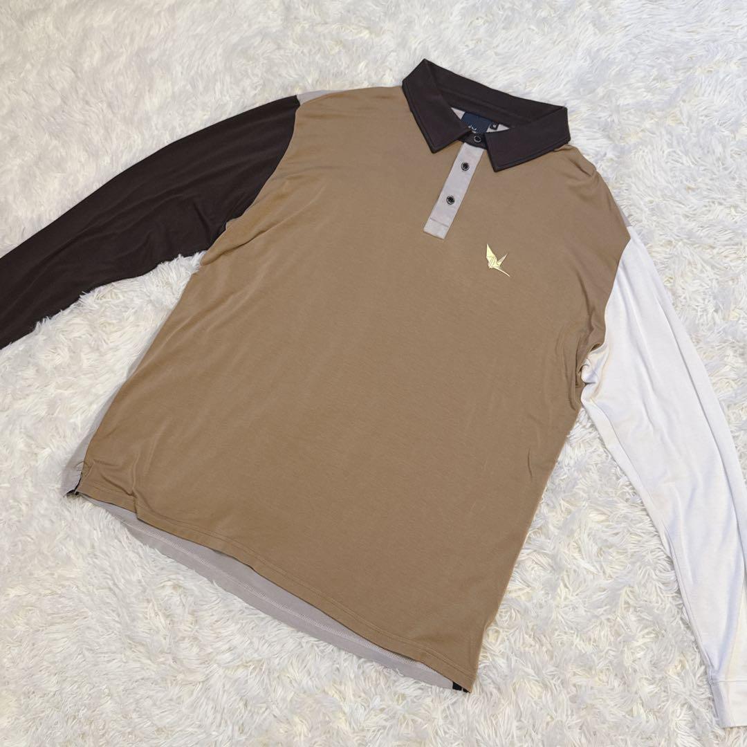 1PIU1UGUALE3 GOLF 長袖ポロシャツ Ⅳ ベージュ×ブラウン