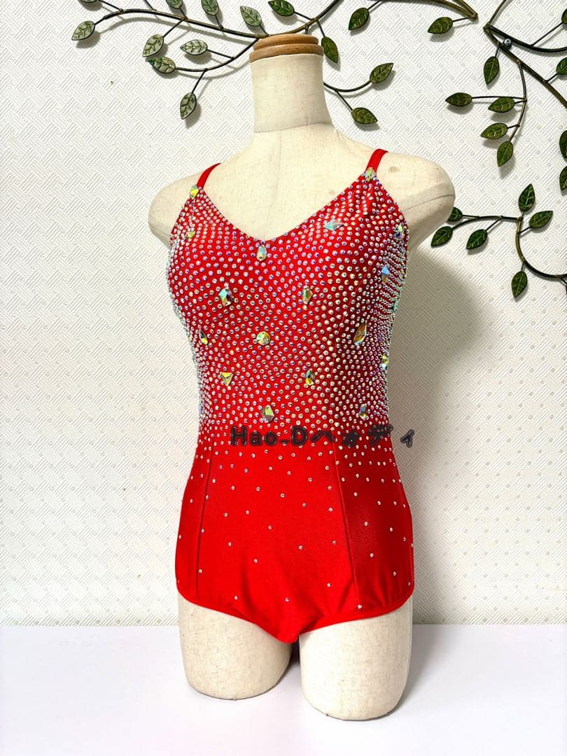 新品★ストーン付き★赤&オーロラ★レオタード★胸パットあり★社交ダンス★バレエ