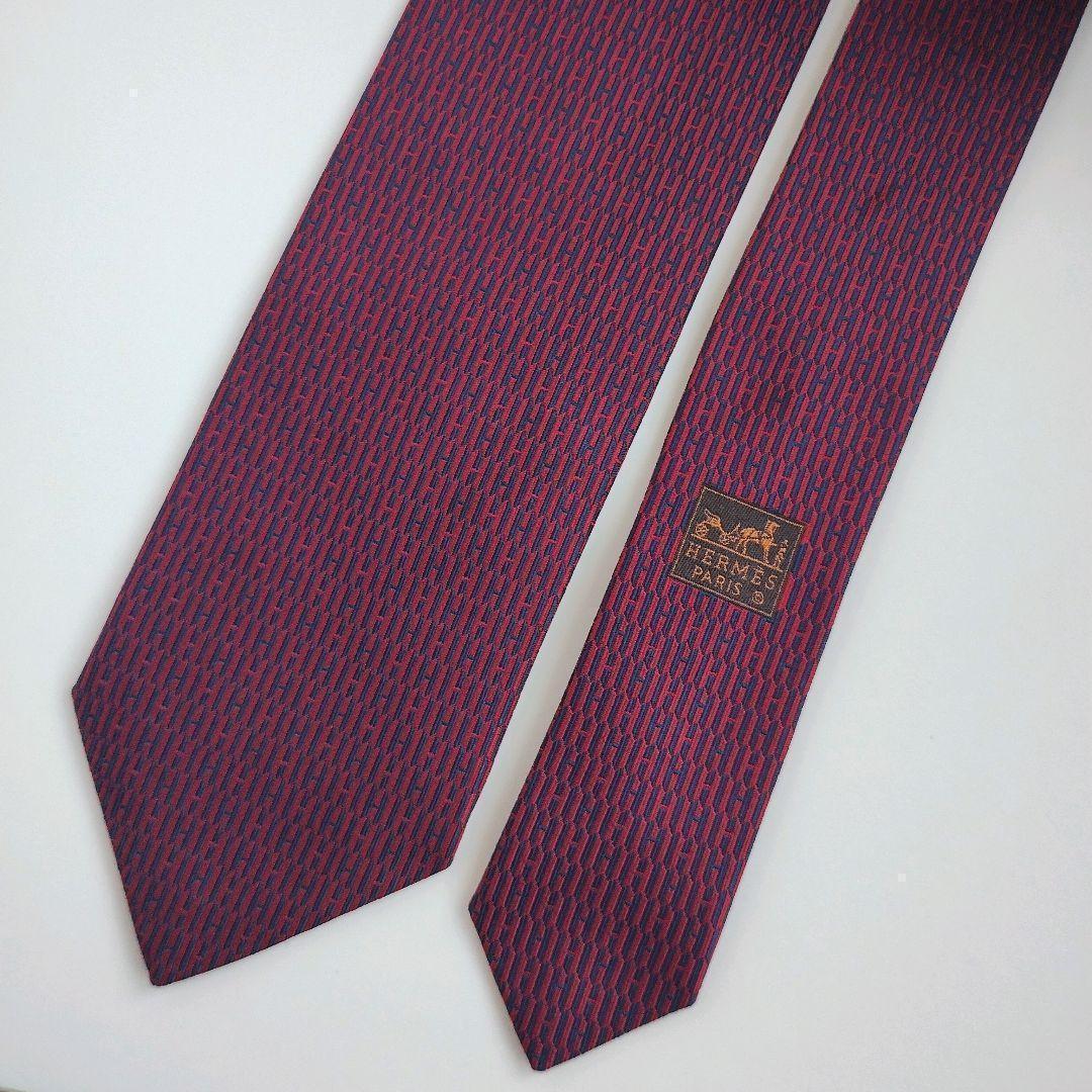 【美品】エルメス ネクタイ ネイビー ボルドー H柄 ハイブランド【フランス製】