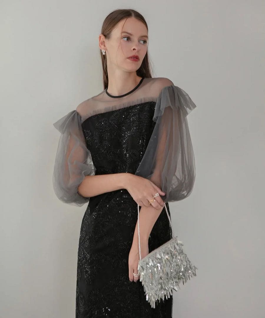 LEJA フラワースパンコールシアーフリルスリーブIラインワンピースドレス S