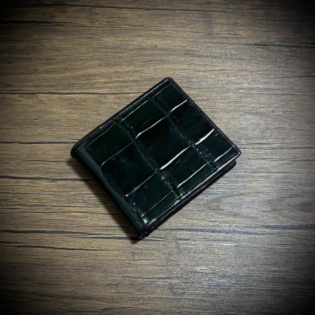 シャイニング クロコダイル メンズ財布 二つ折り 財布 グリーン 緑 証明付 1