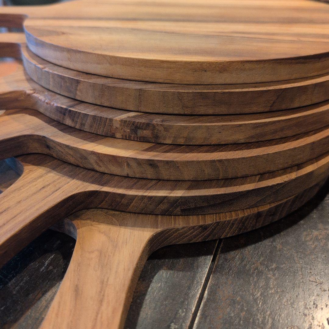 木製（チーク材) 円形サービングボード 持ち手付き　6枚まとめて