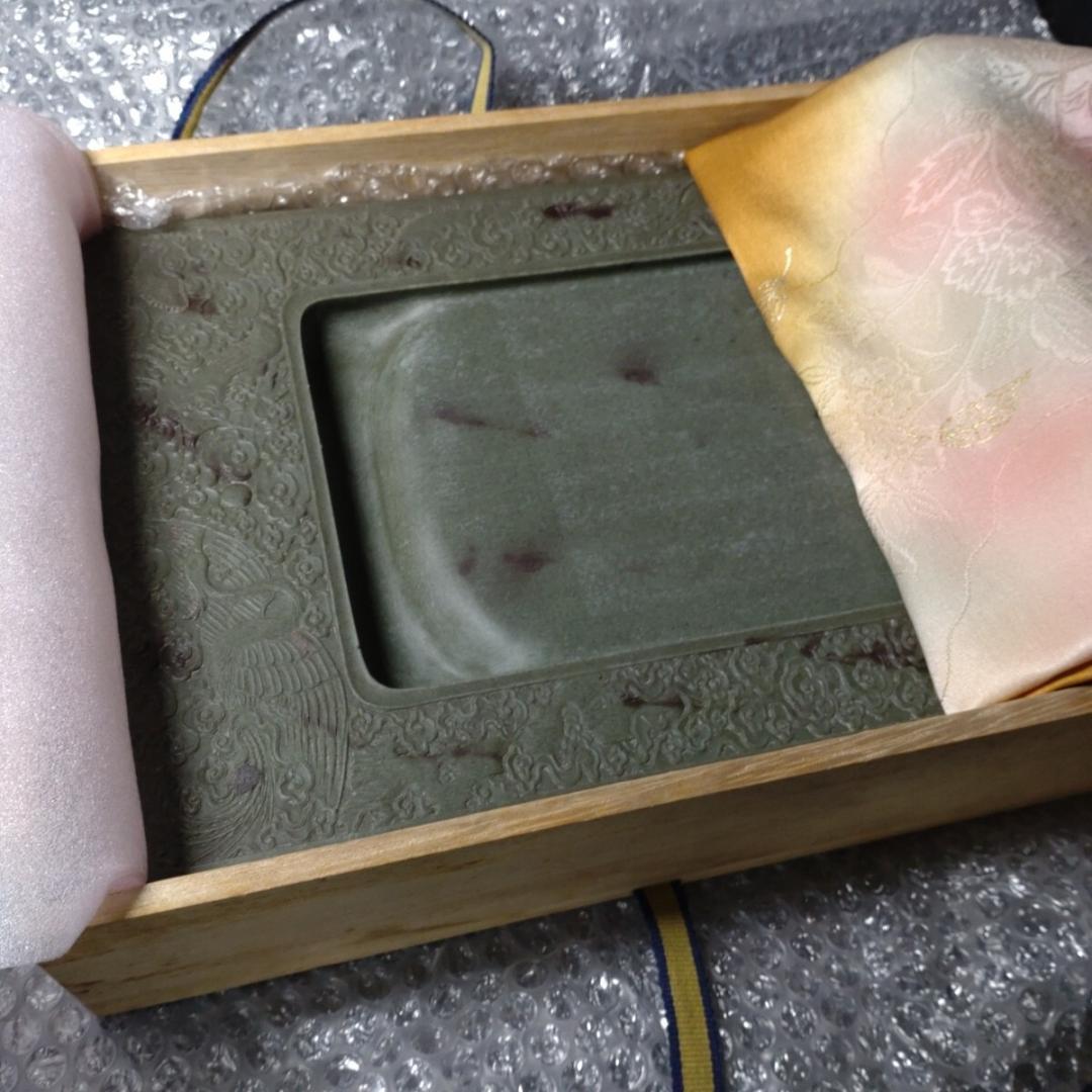 清代 上浣造 緑端渓硯 雲龍鳳凰彫刻 木箱付 書道具 すずり