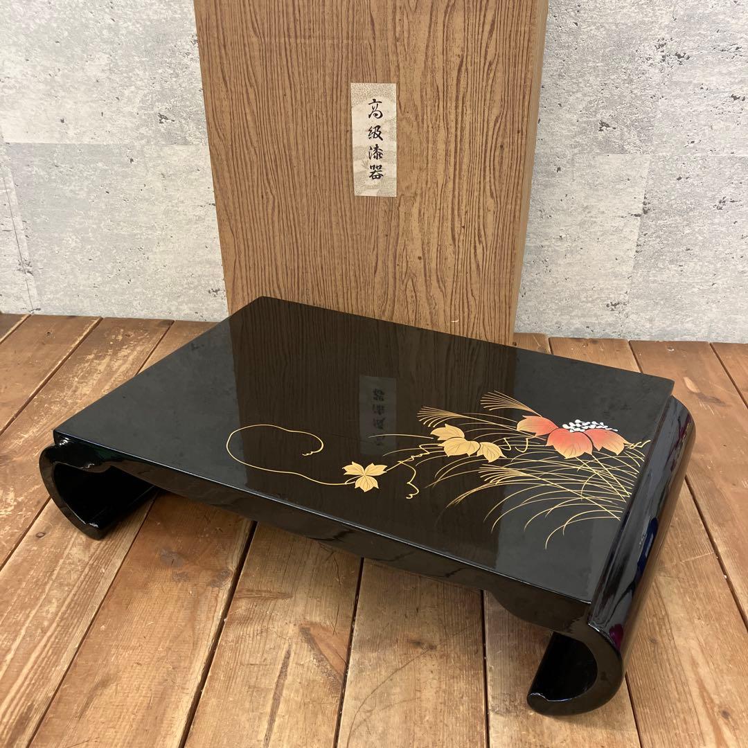 昭和レトロ 高級漆器 木製 リーフ柄 金蒔絵 花瓶台 花台 盆栽台 平卓 座卓