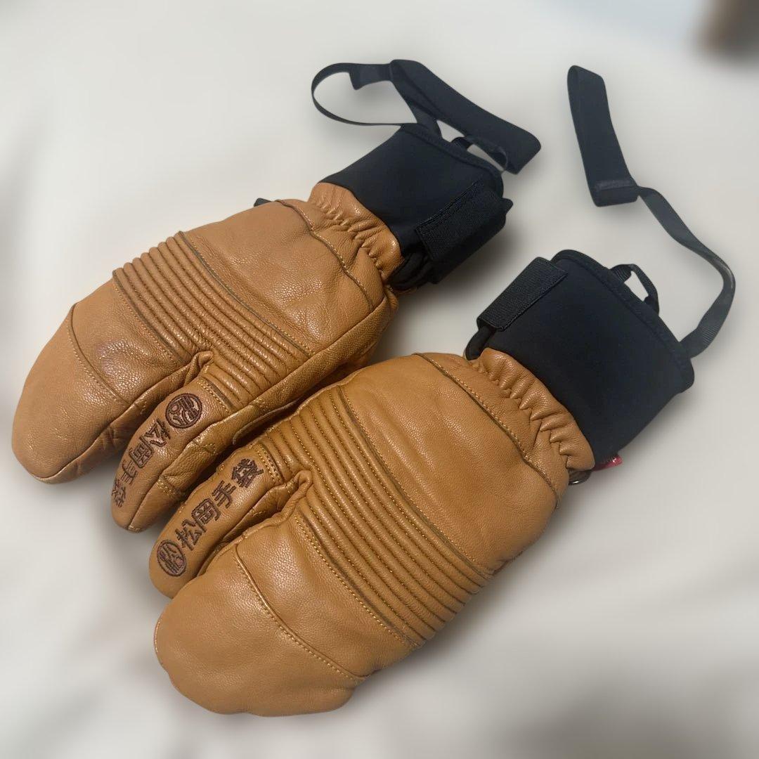 松岡手袋 スリーフィンガー レザー ミトングローブ 茶色 サイズS