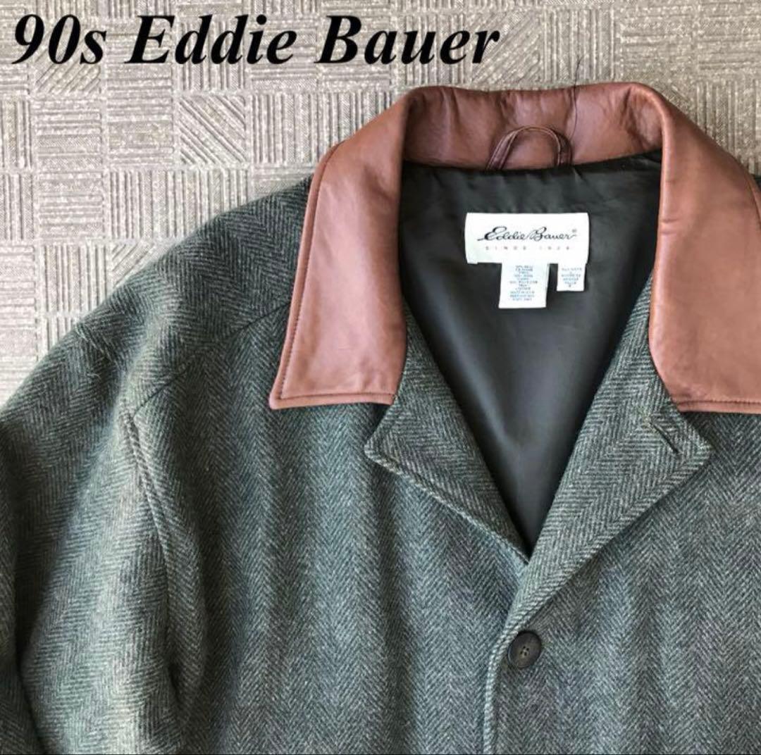 90s Eddie Bauer アメリカ製 ウールコート　レザー襟　ヘリンボーン