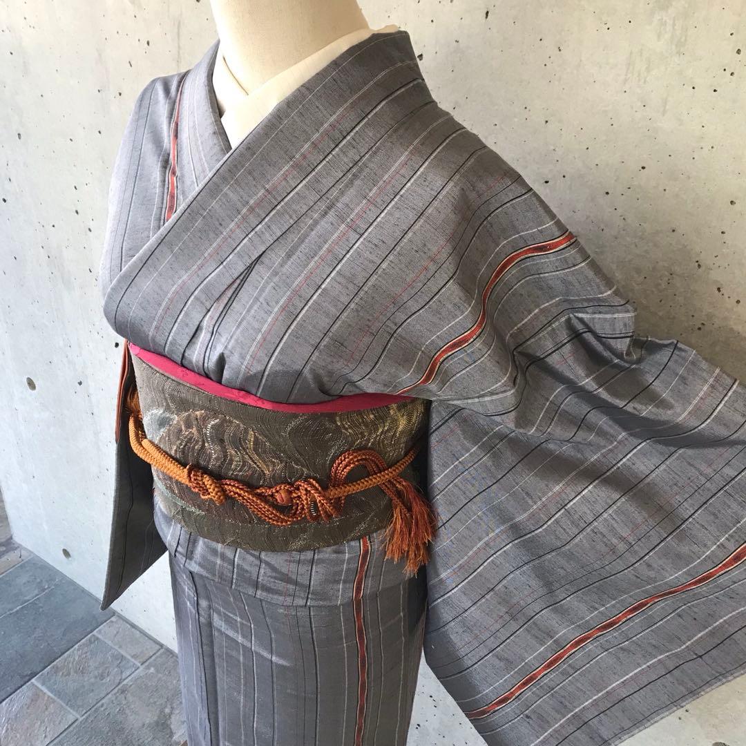 【ますいわ屋】正絹　縞柄の紬お着物　袷