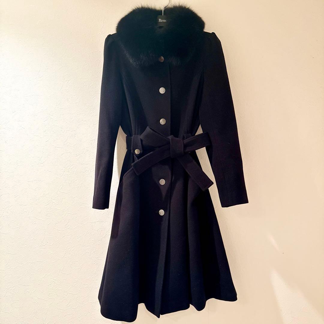 Rene ファー ベルテッドコート ブラック 美シルエット