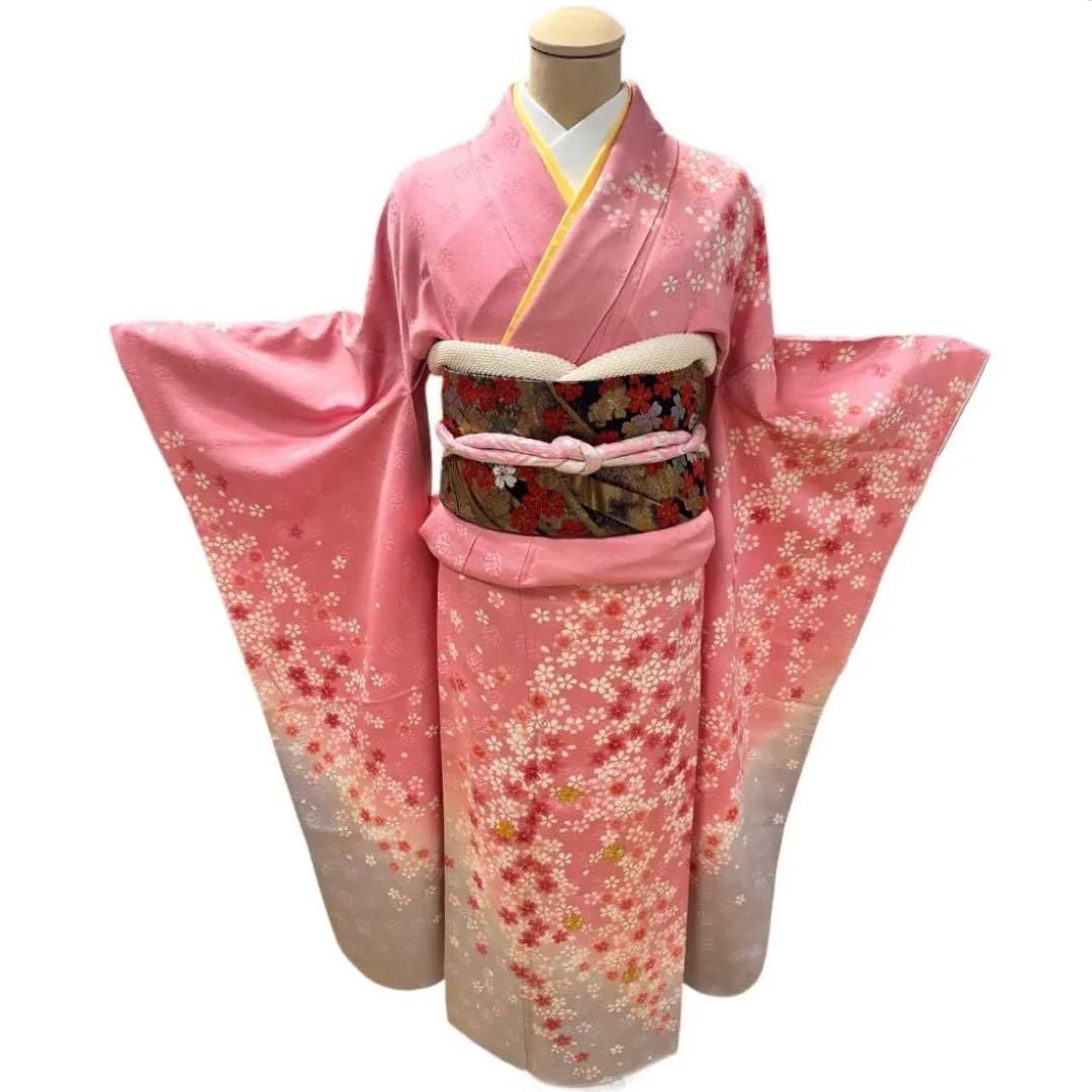振袖 正絹 ピンク グレー グラデーション 桜 金刺繍 5点セット　306