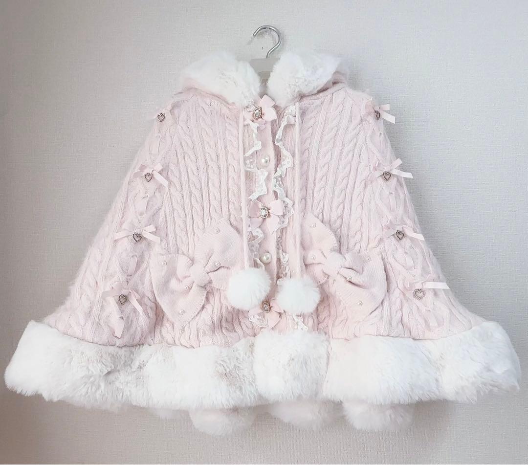 LIZ LISA リボンニット　フード付きピンクポンチョ