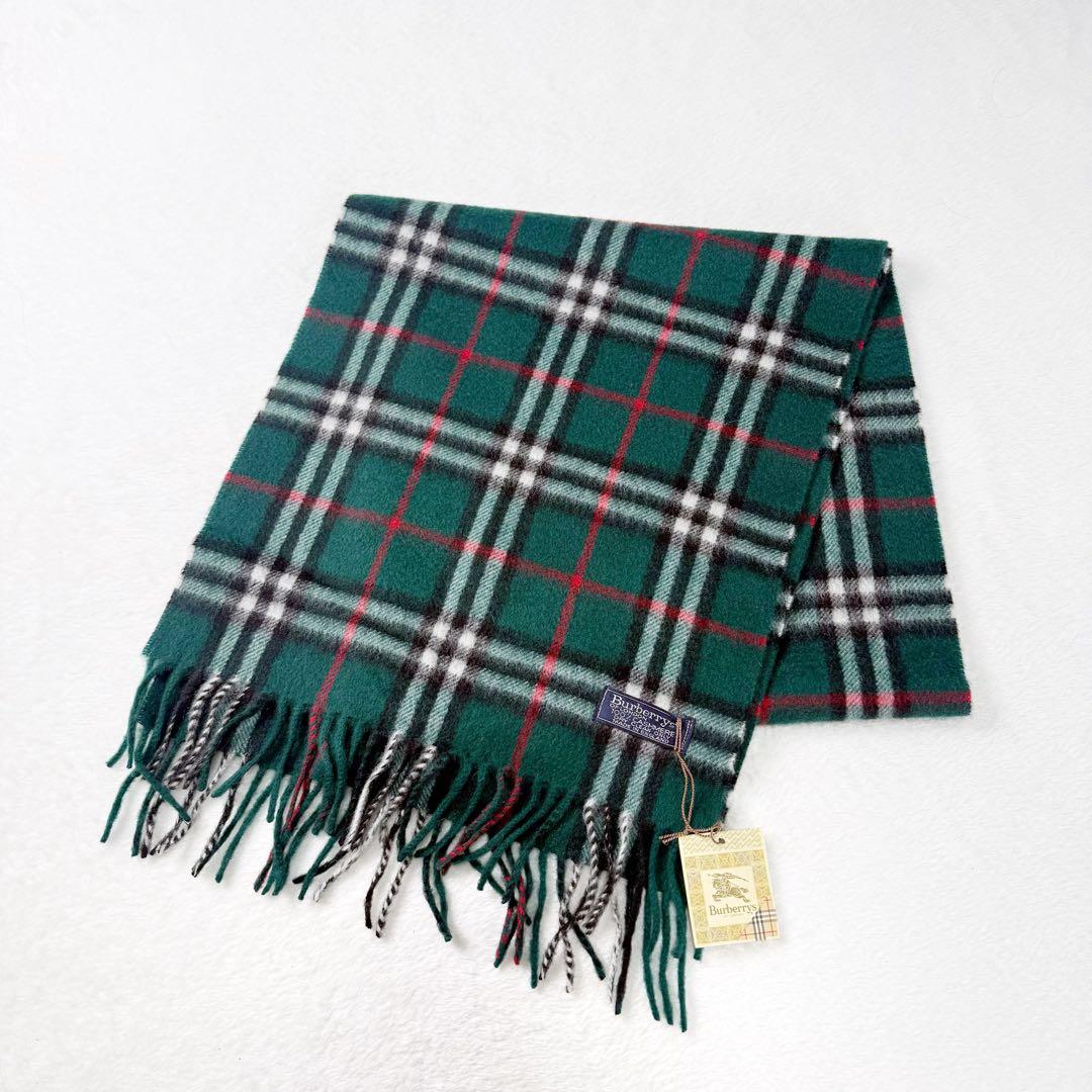 【未使用タグ付き】BURBERRY カシミヤ100% チェックマフラー グリーン