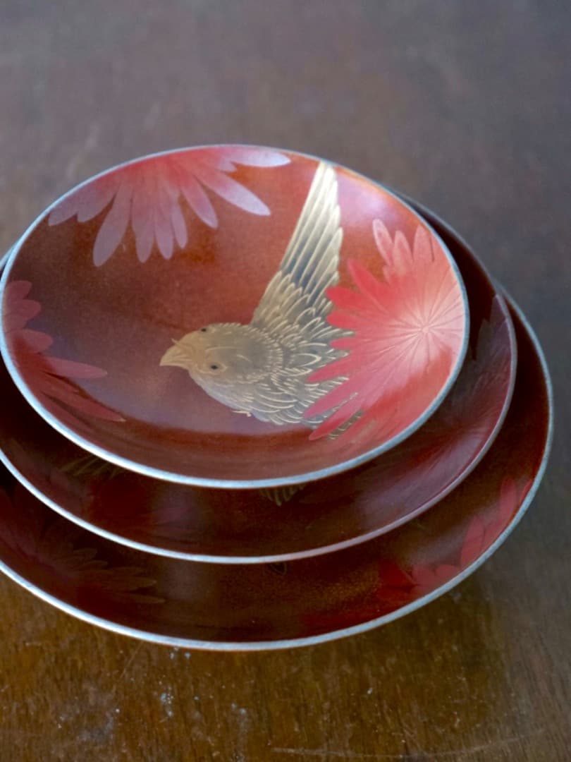 早川崇美　菊華雀蒔絵　三つ組盃　漆工芸　酒道具　美品　箱付　Q1631